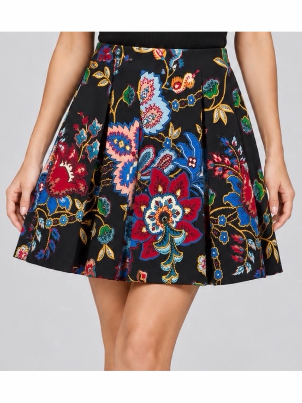 ALICE + OLIVIA • Black/Multicolor Floral Pleated Mini Skirt, 6